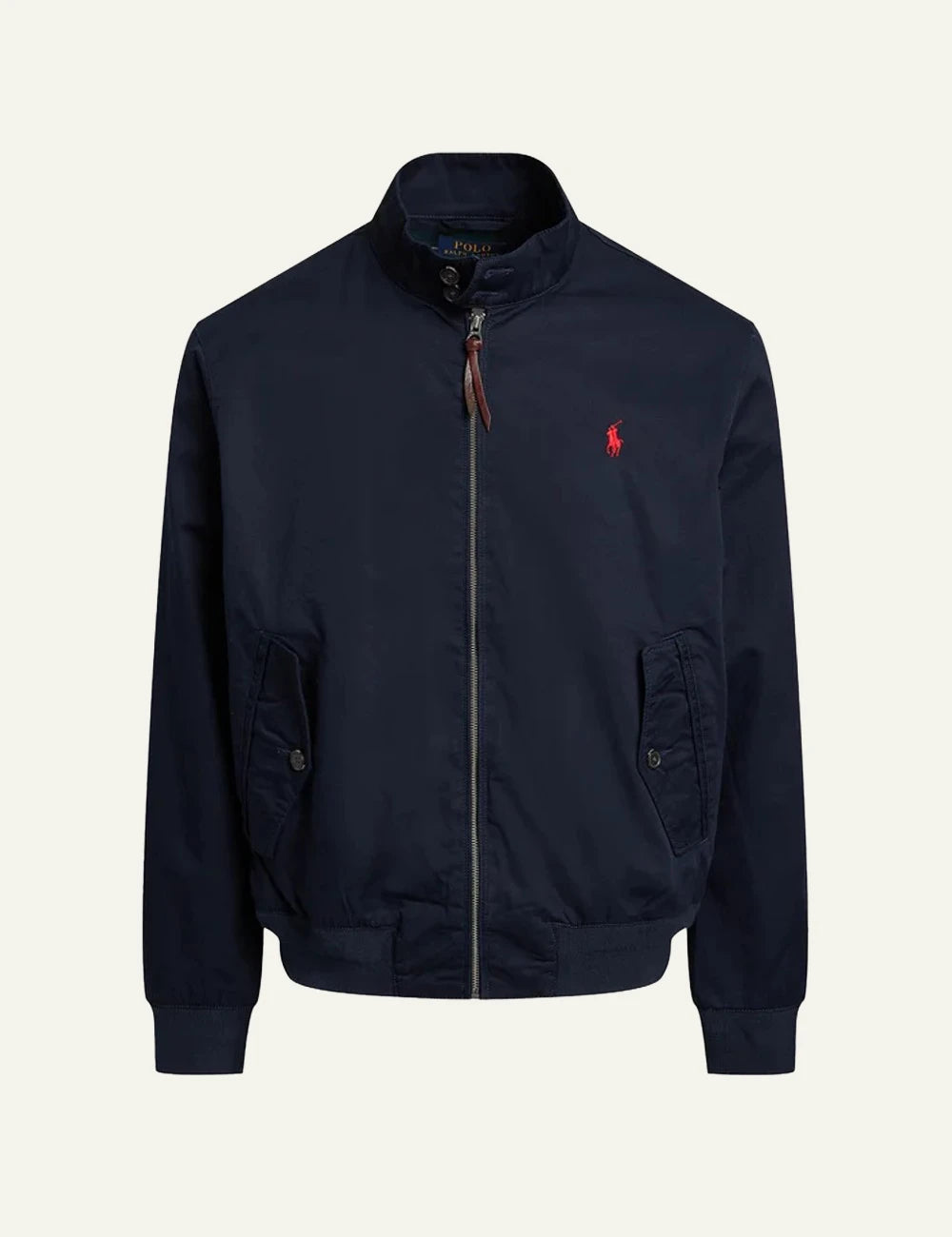 Polo Ralph Lauren navy bomber jacket with red pony logo front view