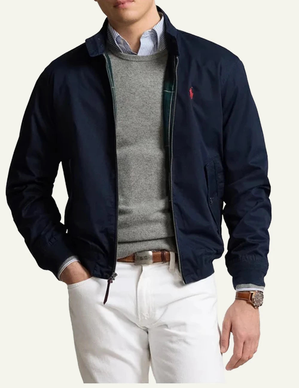 Polo Ralph Lauren navy bomber jacket with red pony logo front model view