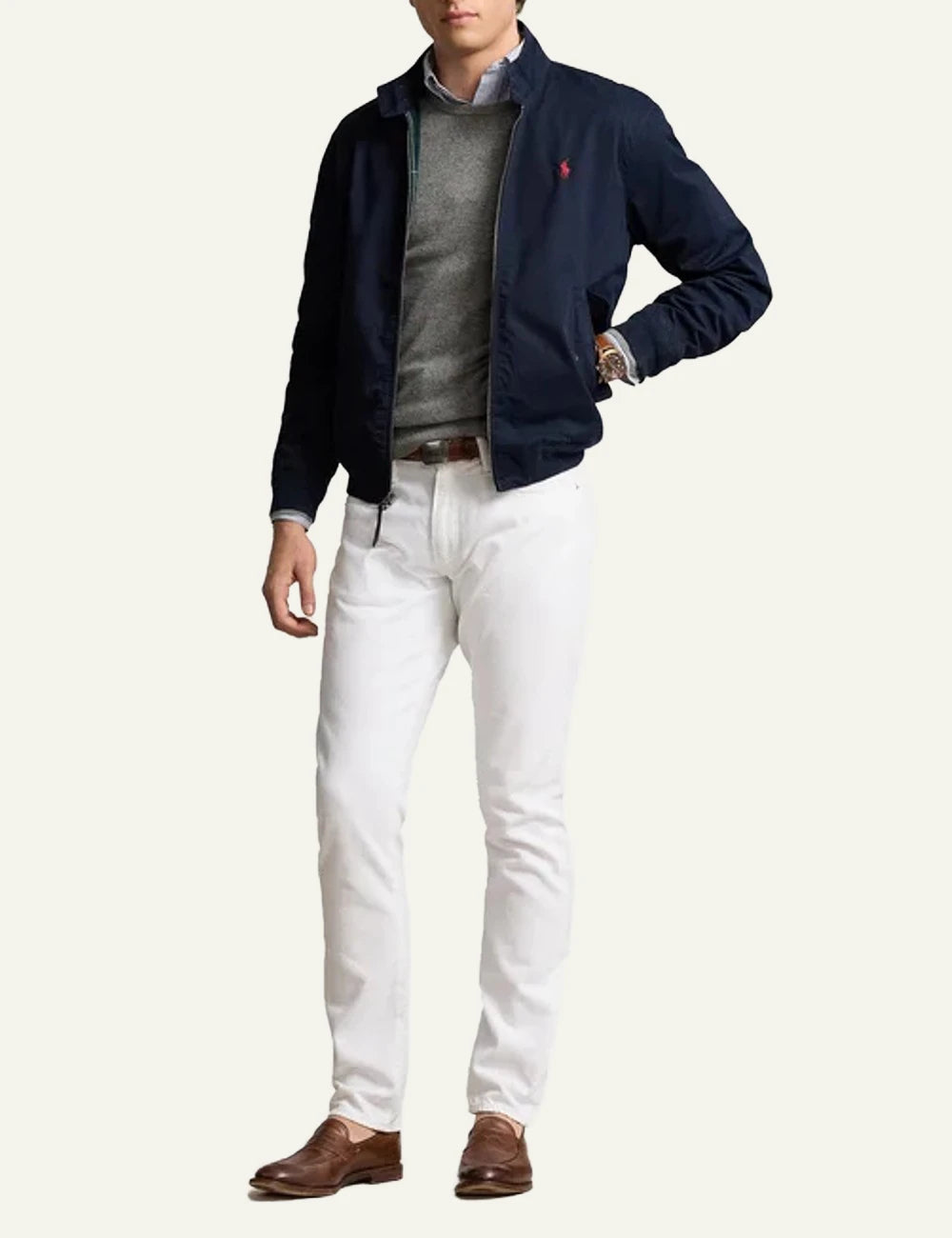 Polo Ralph Lauren navy bomber jacket with red pony logo front full body view