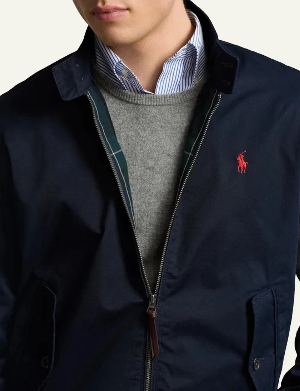 Polo Ralph Lauren navy bomber jacket with red pony logo front detail view