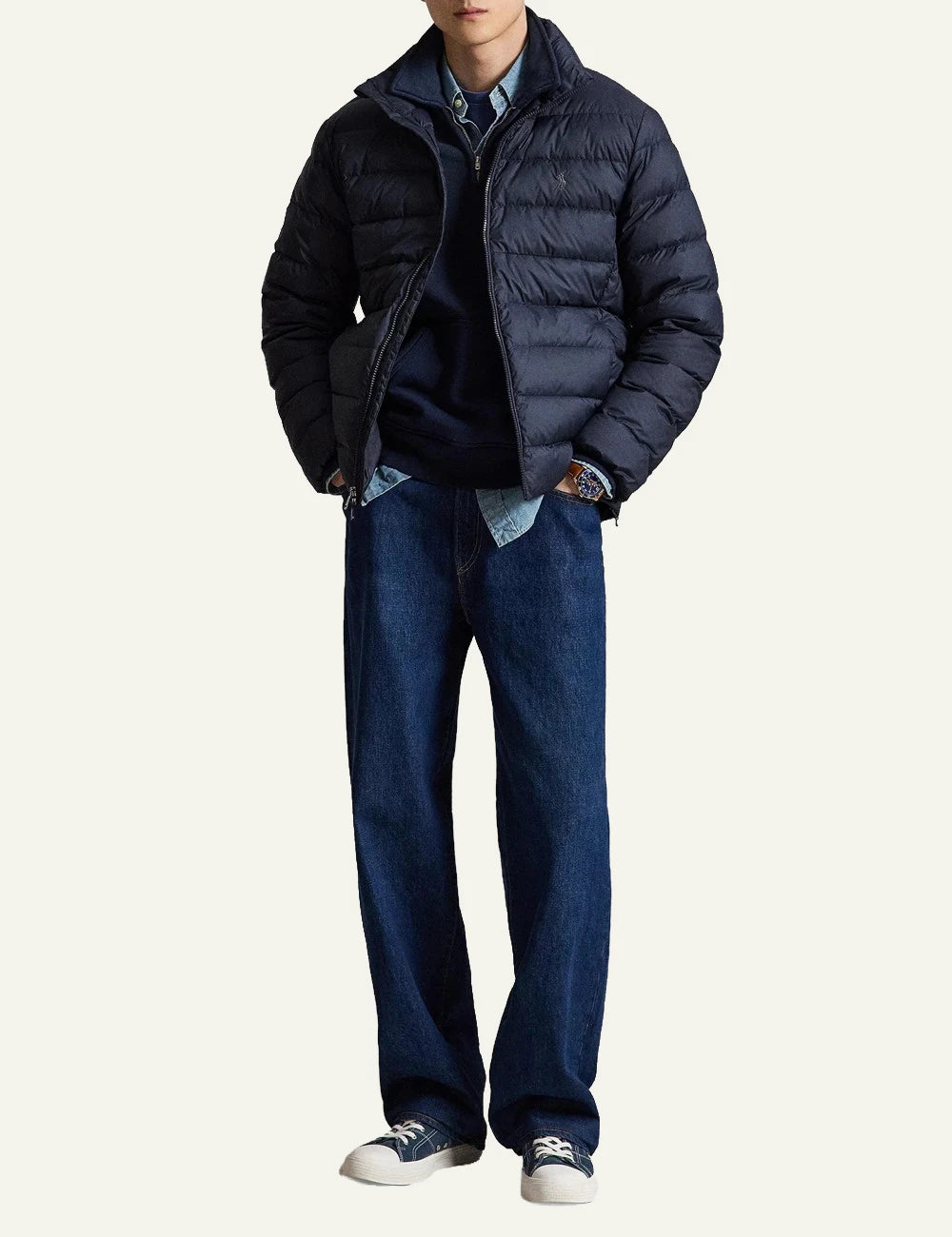 Men's Polo Ralph Lauren dark blue quilted down jacket with embroidered Pony logo full body