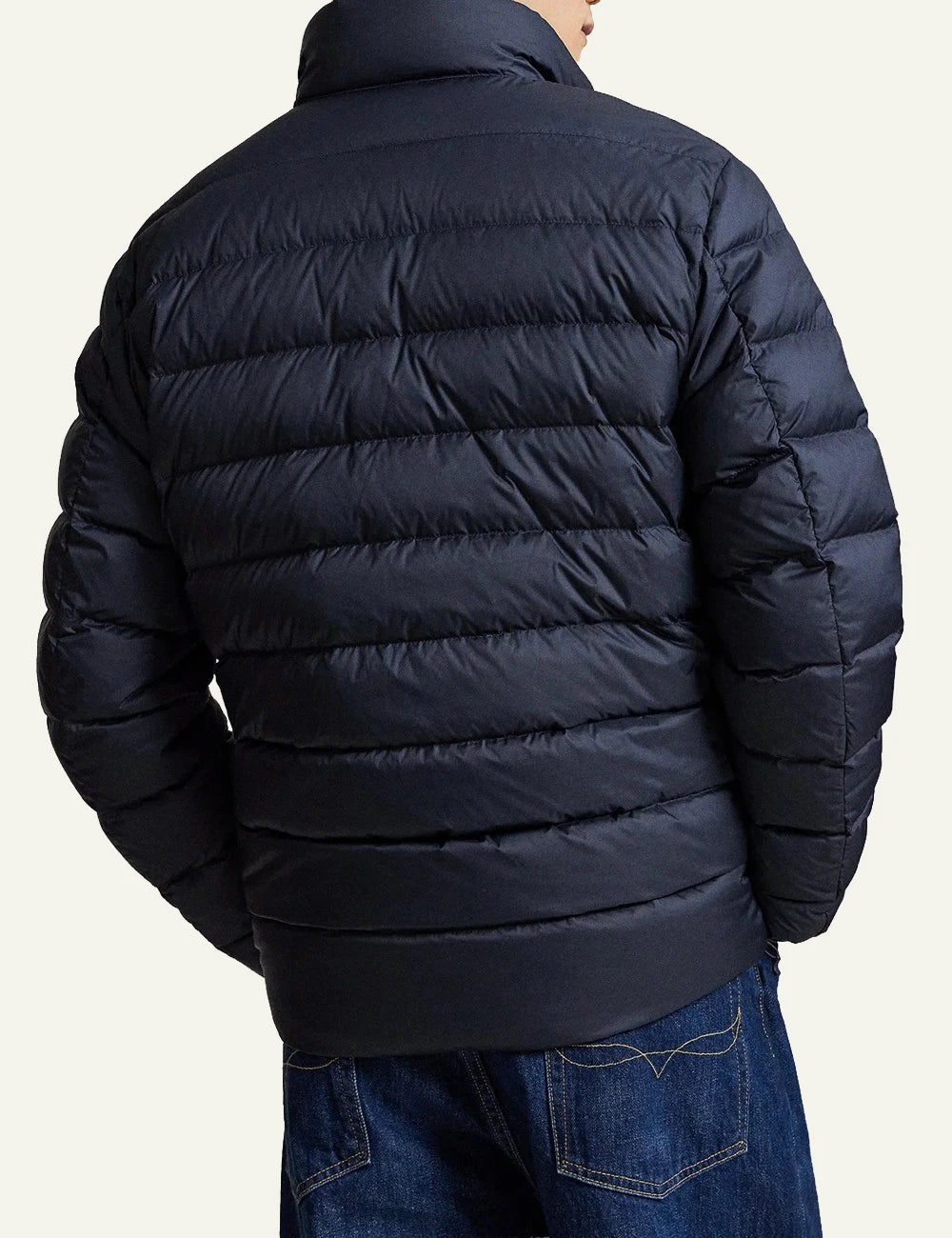Men's Polo Ralph Lauren dark blue quilted down jacket with embroidered Pony logo back