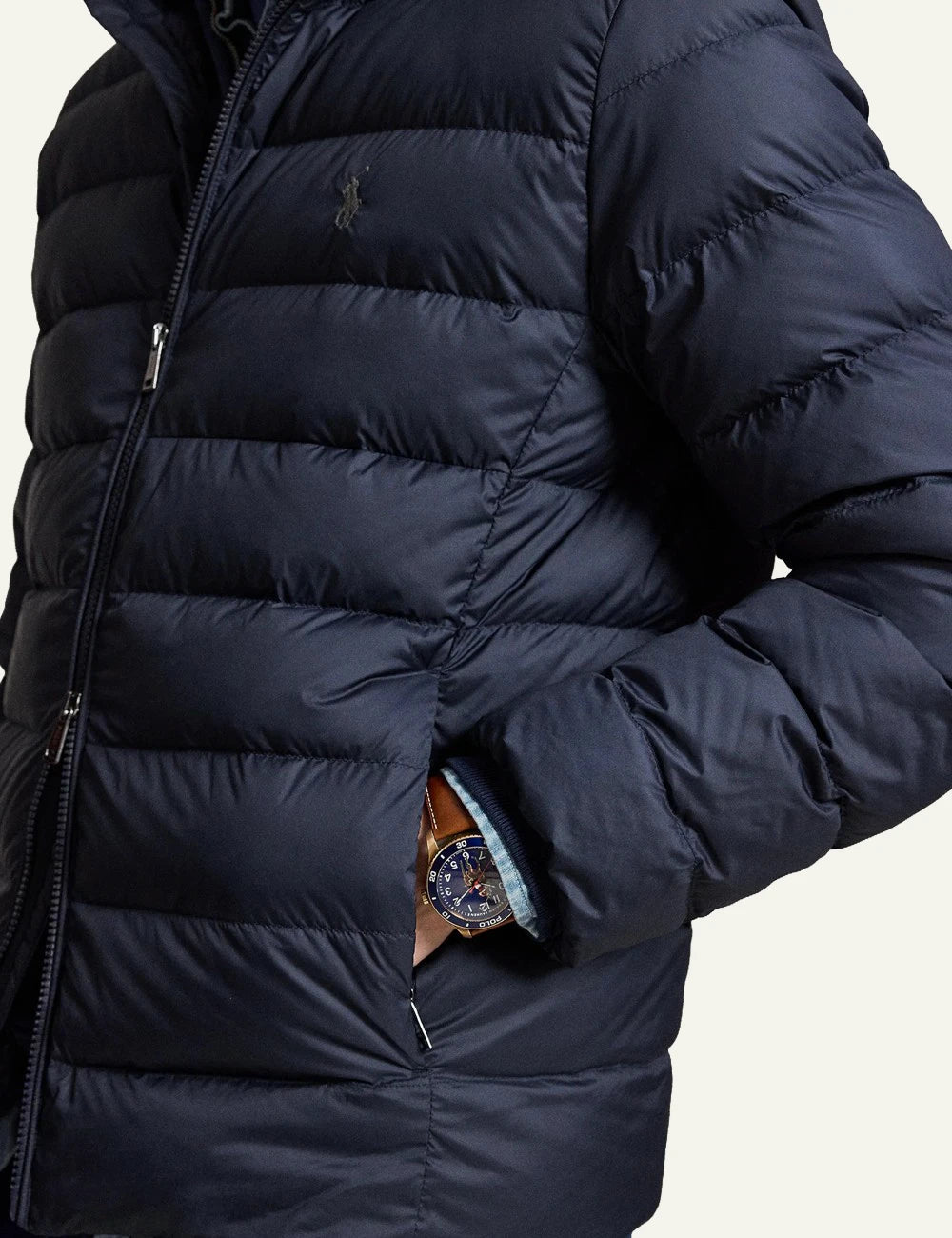 Men's Polo Ralph Lauren dark blue quilted down jacket with embroidered Pony logo detail