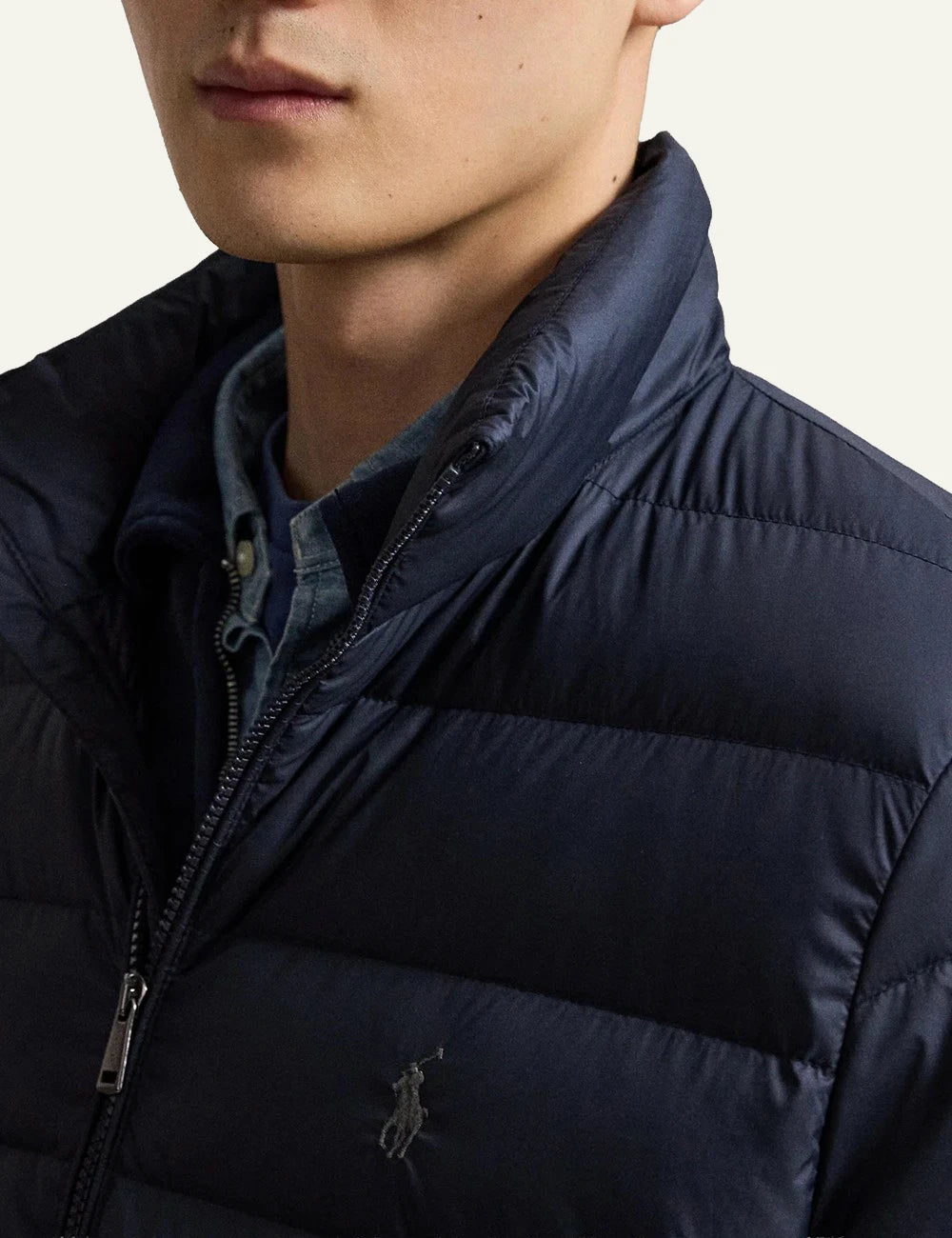 Men's Polo Ralph Lauren dark blue quilted down jacket with embroidered Pony logo detail