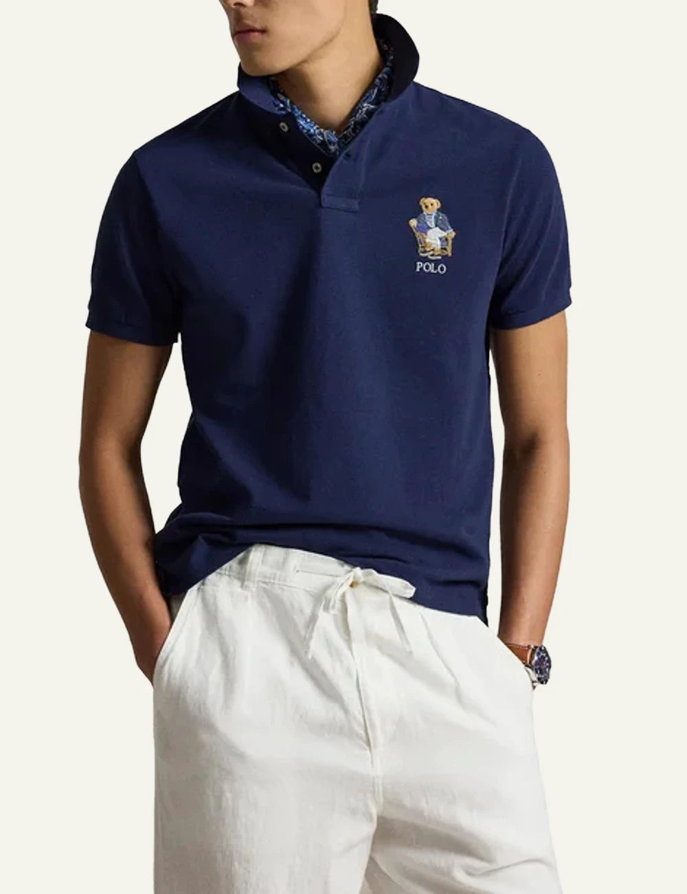 Polo Ralph Lauren navy polo shirt with Polo Bear embroidery front model view