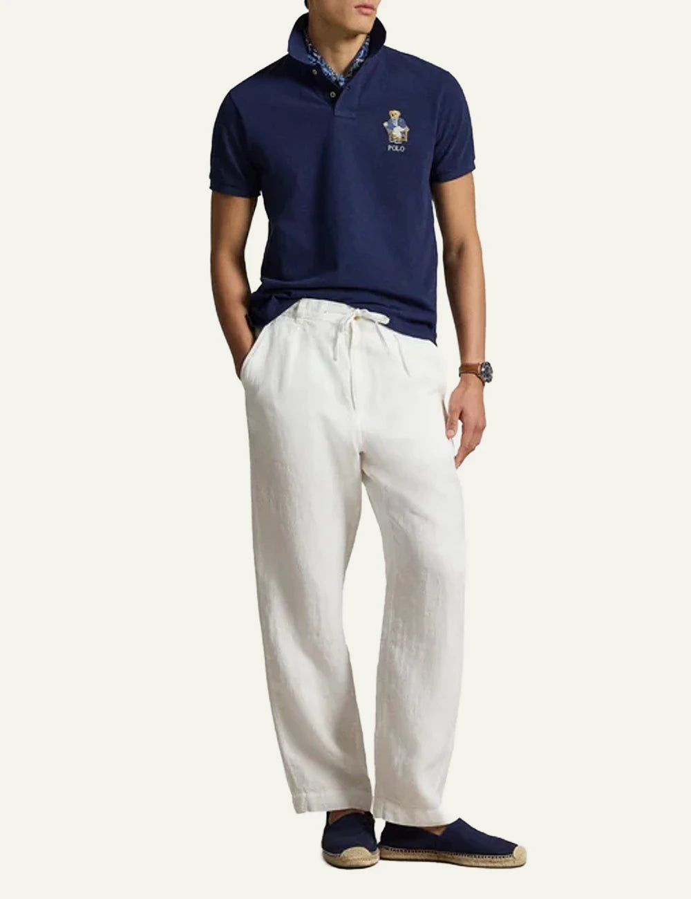 Polo Ralph Lauren navy polo shirt with Polo Bear embroidery front full body view
