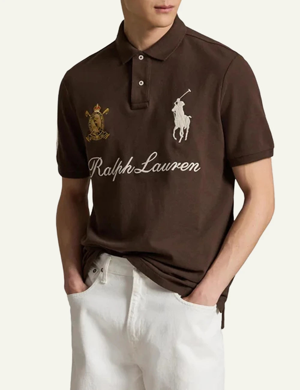 Polo Ralph Lauren brown polo shirt with Big Pony and signature logo front model view