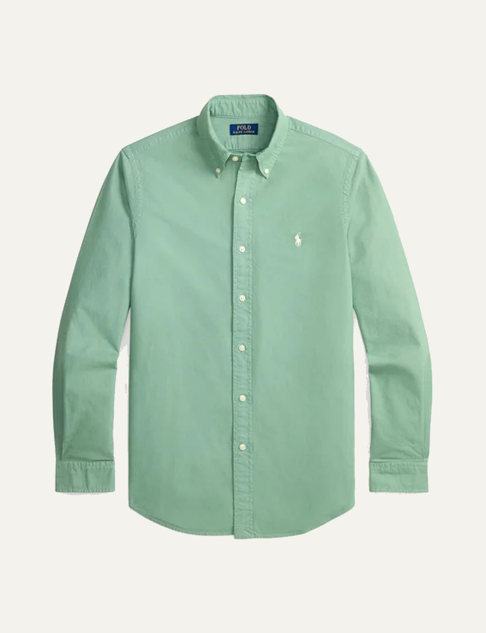 Polo Ralph Lauren green button down shirt me white pony logo front view