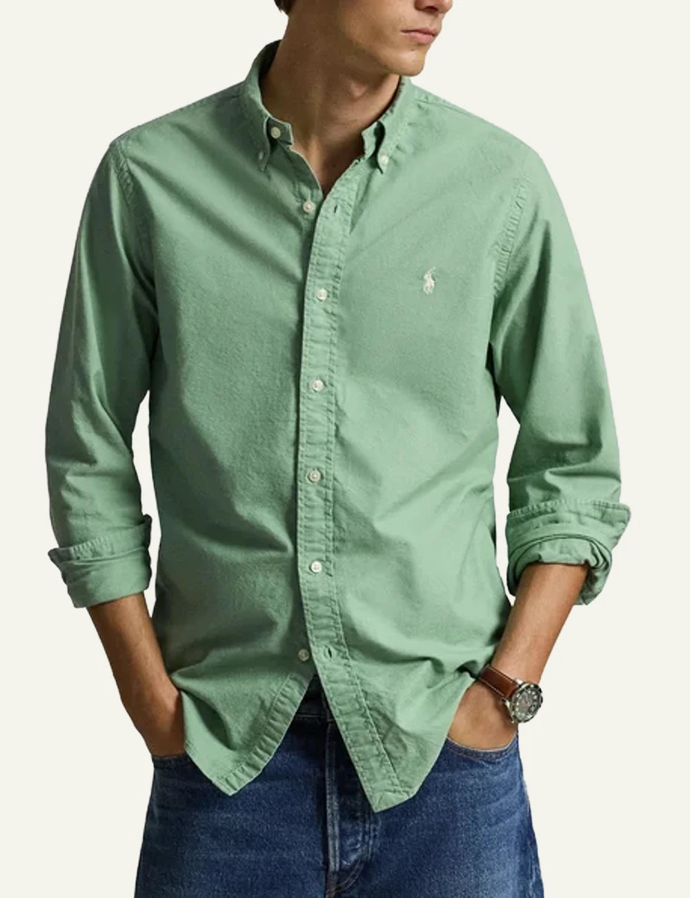 Polo Ralph Lauren green button down shirt me white pony logo front model view