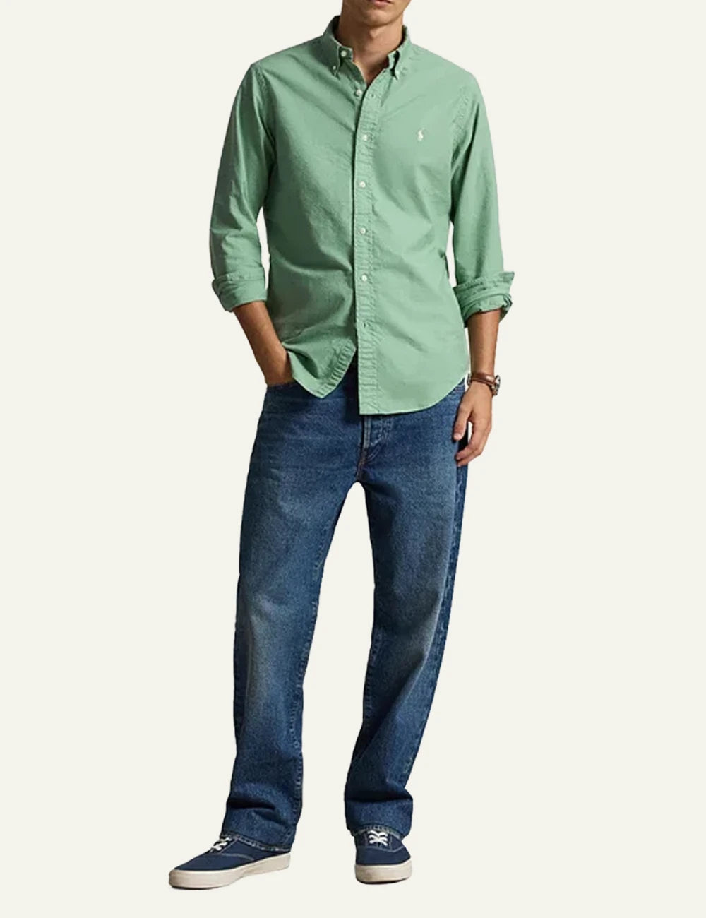 Polo Ralph Lauren green button down shirt me white pony logo front full body view