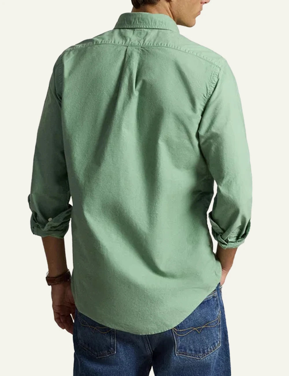 Polo Ralph Lauren green button down shirt me white pony logo back view
