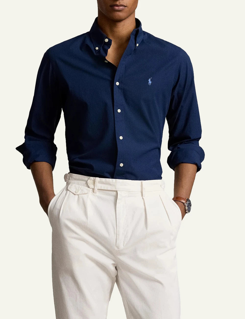 Men's Polo Ralph Lauren navy Custom Fit shirt with button-down collar and light blue embroidered Pony logo model