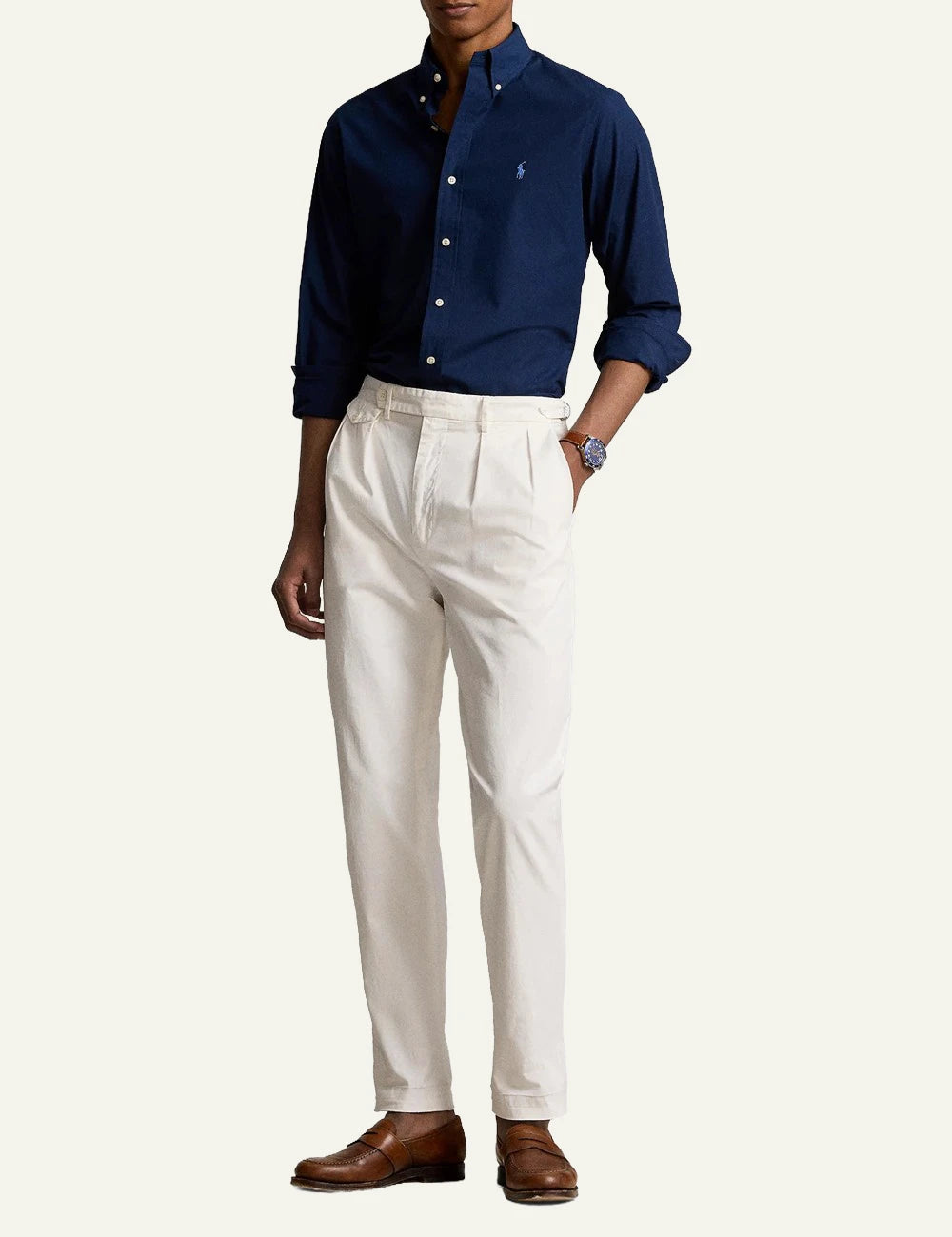 Men's Polo Ralph Lauren navy Custom Fit shirt with button-down collar and light blue embroidered Pony logo full body