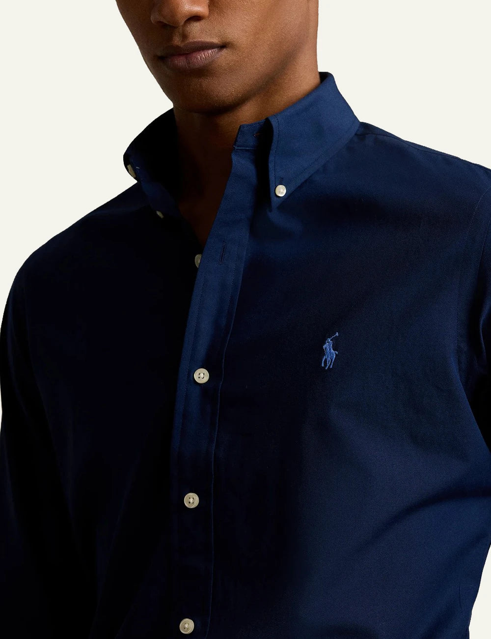 Men's Polo Ralph Lauren navy Custom Fit shirt with button-down collar and light blue embroidered Pony logo detail