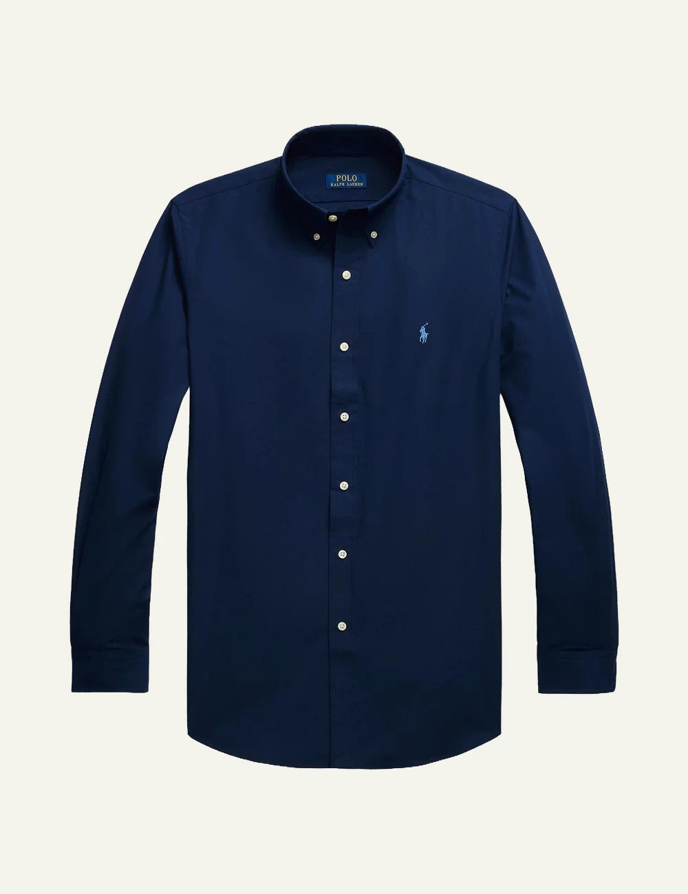 Men's Polo Ralph Lauren navy Custom Fit shirt with button-down collar and light blue embroidered Pony logo
