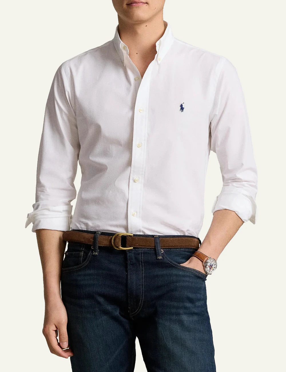 Men's Polo Ralph Lauren white Custom Fit shirt with button-down collar and blue embroidered Pony logo full body