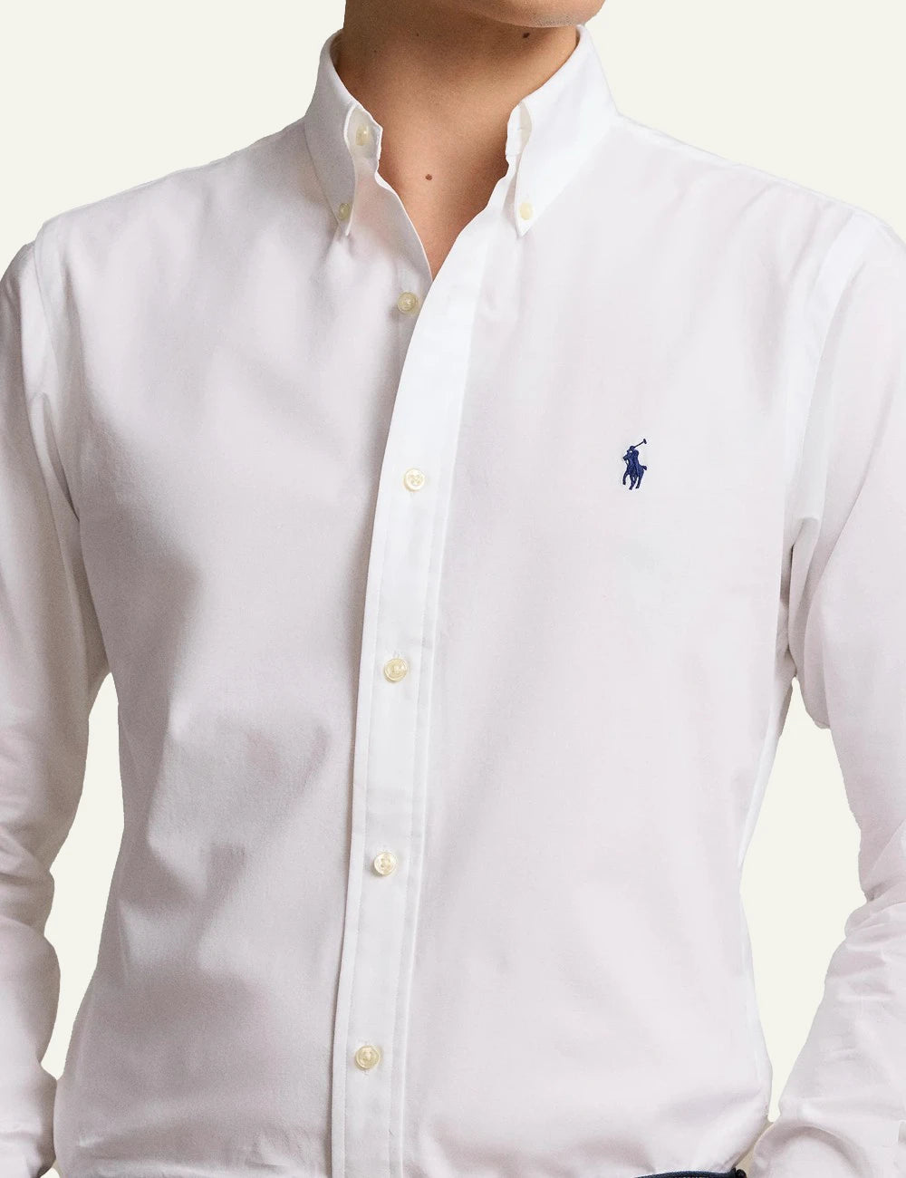 Men's Polo Ralph Lauren white Custom Fit shirt with button-down collar and blue embroidered Pony logo detail