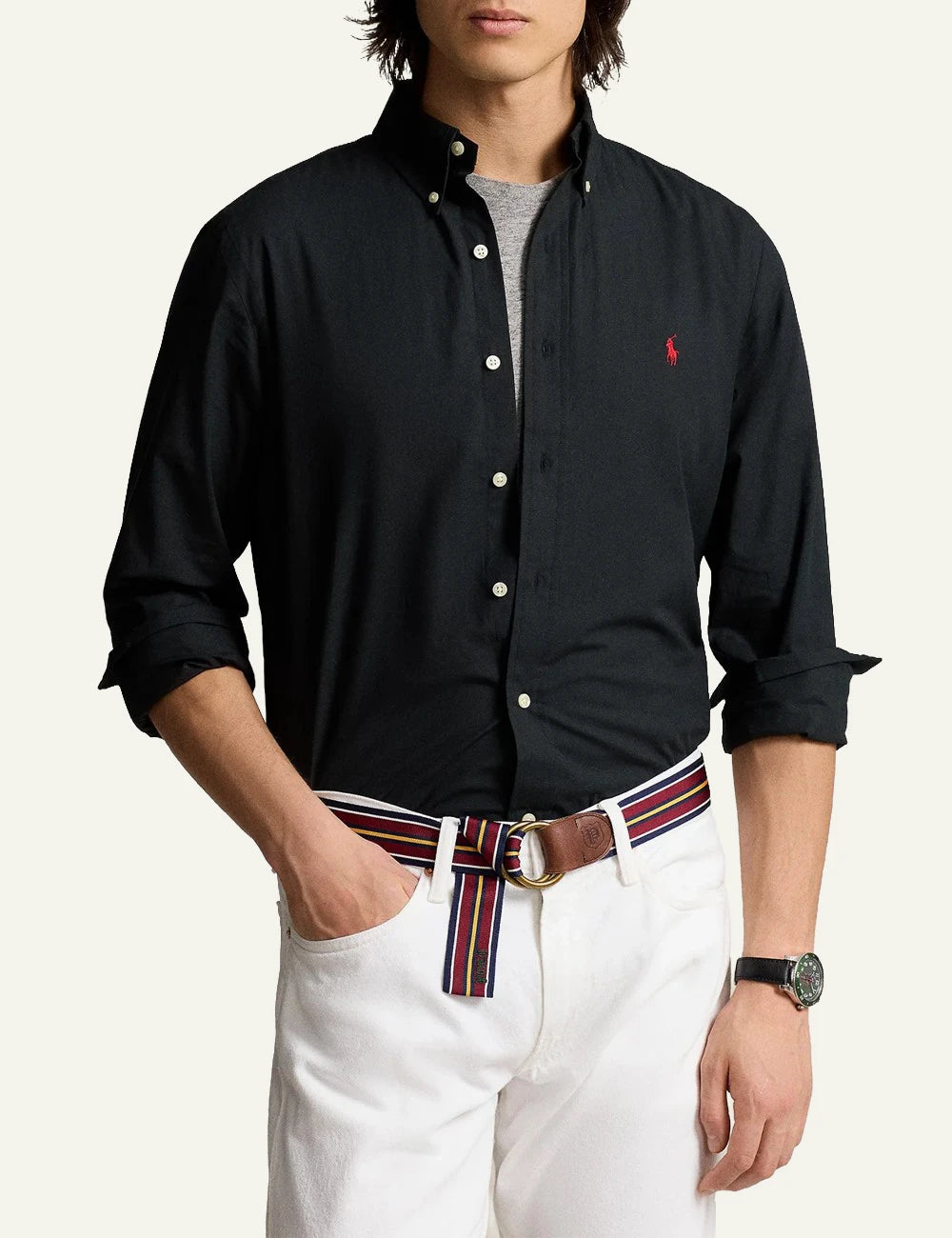 Men's Polo Ralph Lauren black Custom Fit shirt with button-down collar and red embroidered Pony logo model