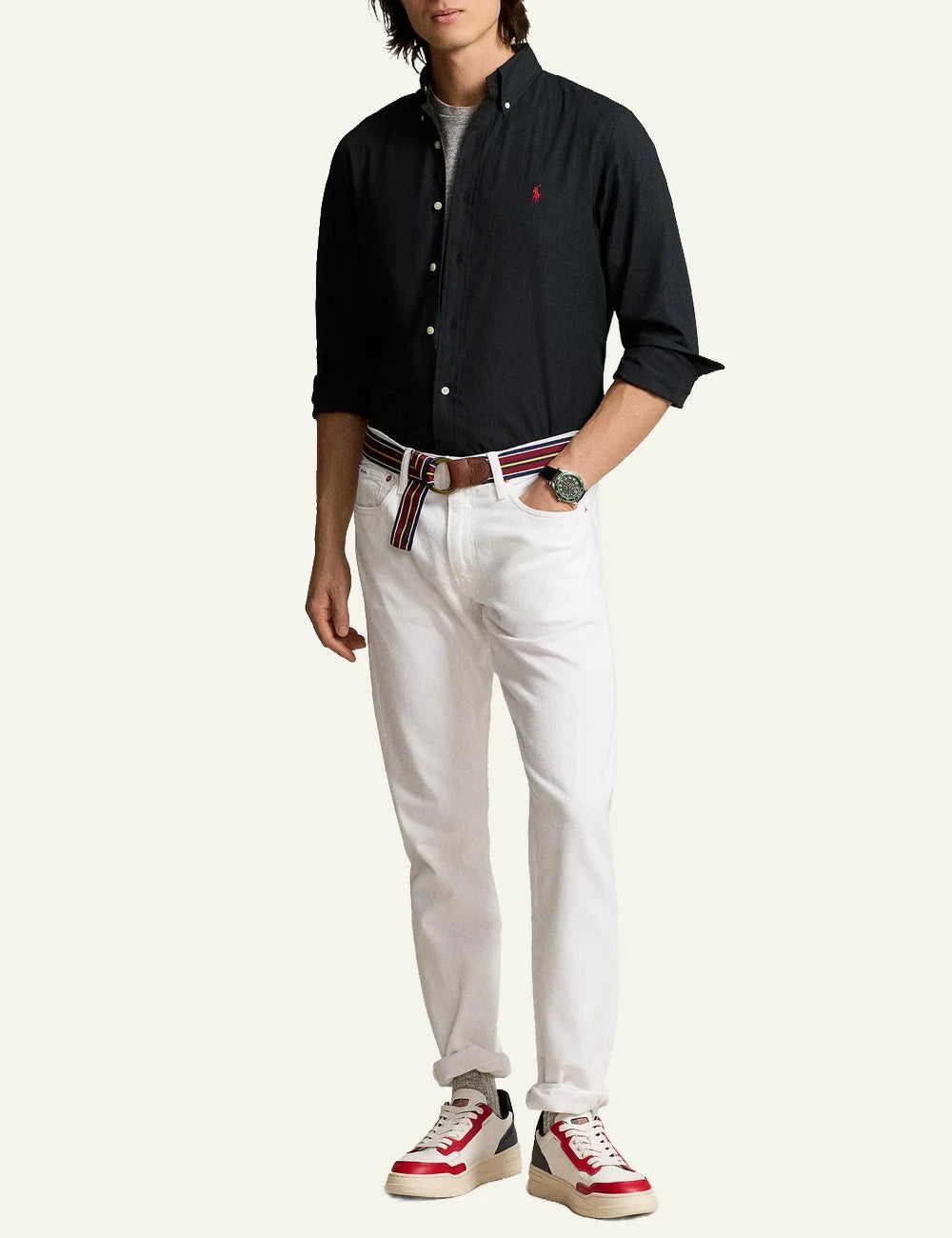 Men's Polo Ralph Lauren black Custom Fit shirt with button-down collar and red embroidered Pony logo full body