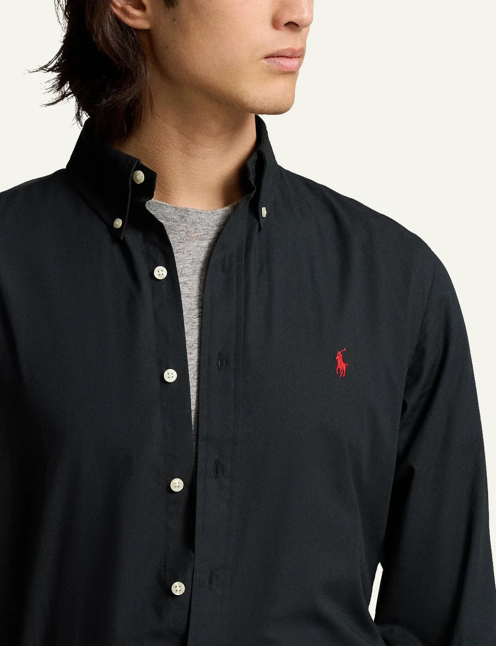 Men's Polo Ralph Lauren black Custom Fit shirt with button-down collar and red embroidered Pony logo detail
