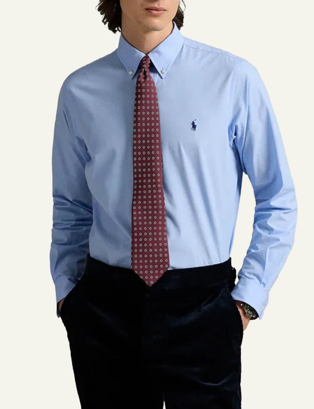 Polo Ralph Lauren light blue button down shirt front detail view