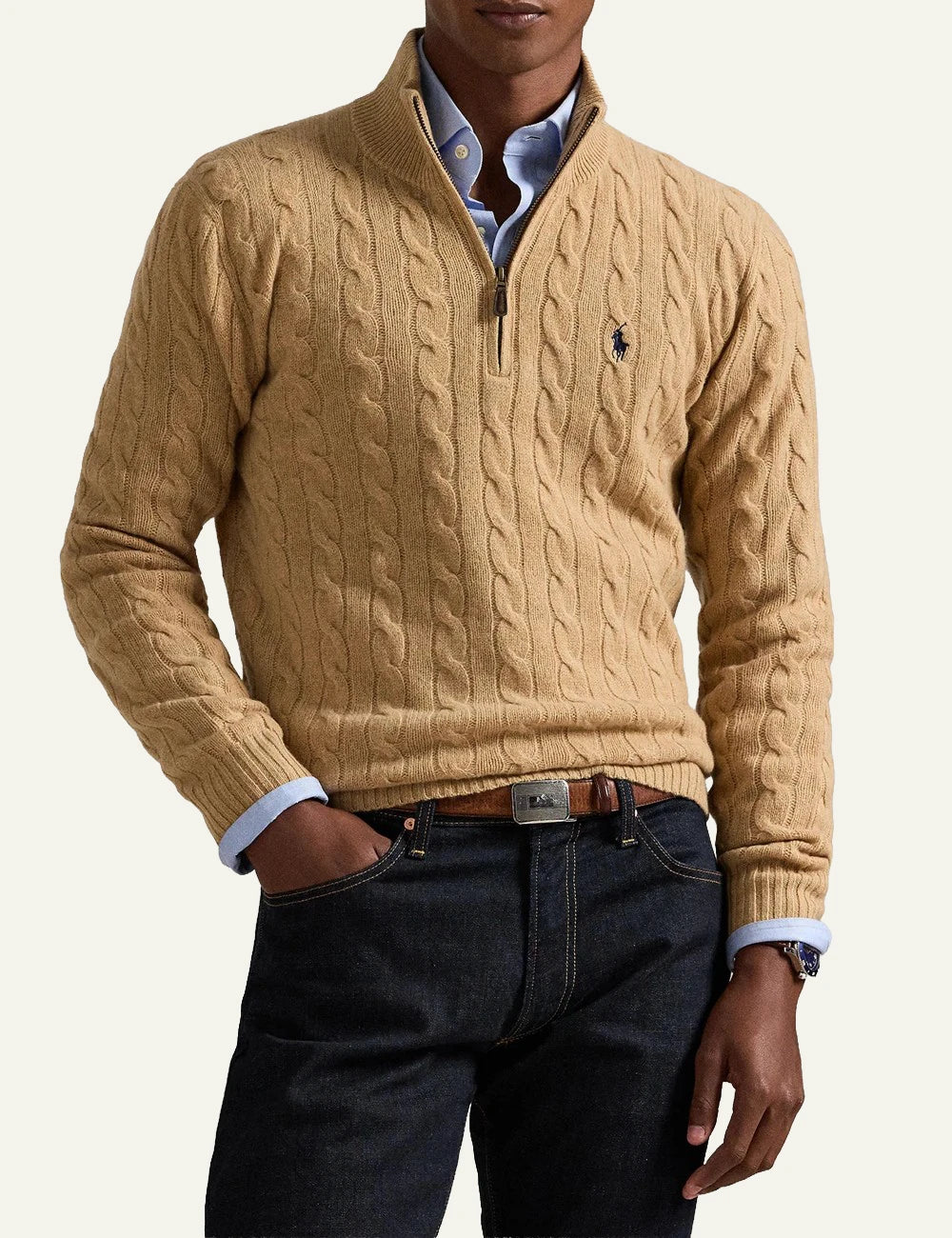 Men's Polo Ralph Lauren beige cable-knit wool and cashmere half-zip sweater with blue embroidered Pony logo model