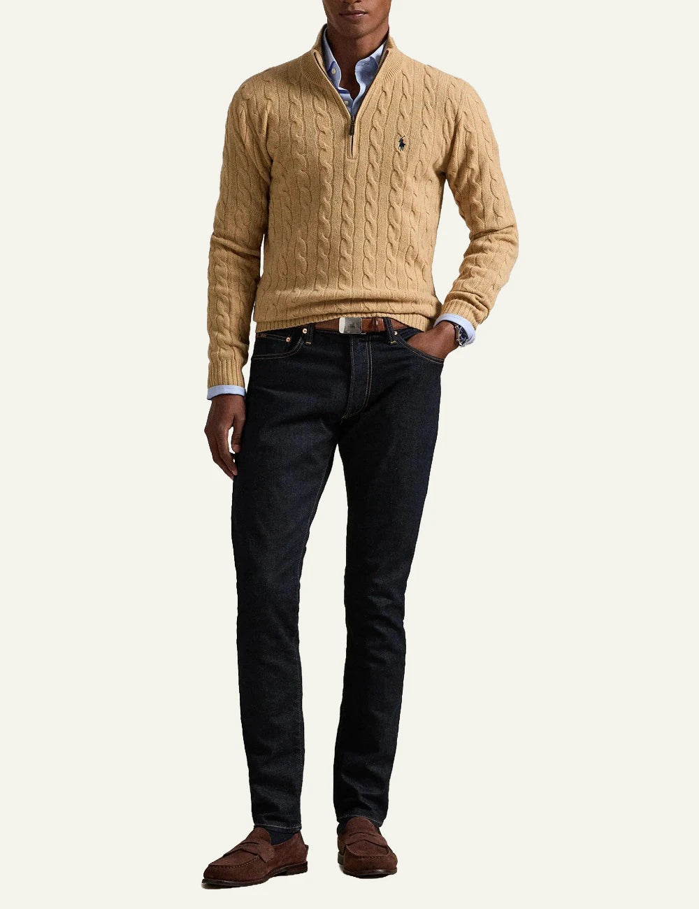 Men's Polo Ralph Lauren beige cable-knit wool and cashmere half-zip sweater with blue embroidered Pony logo full body