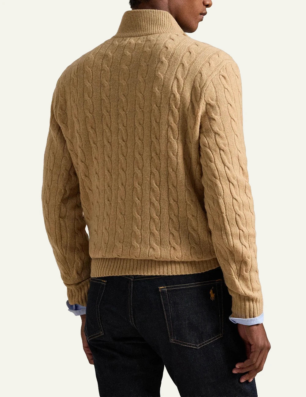 Men's Polo Ralph Lauren beige cable-knit wool and cashmere half-zip sweater with blue embroidered Pony logo back