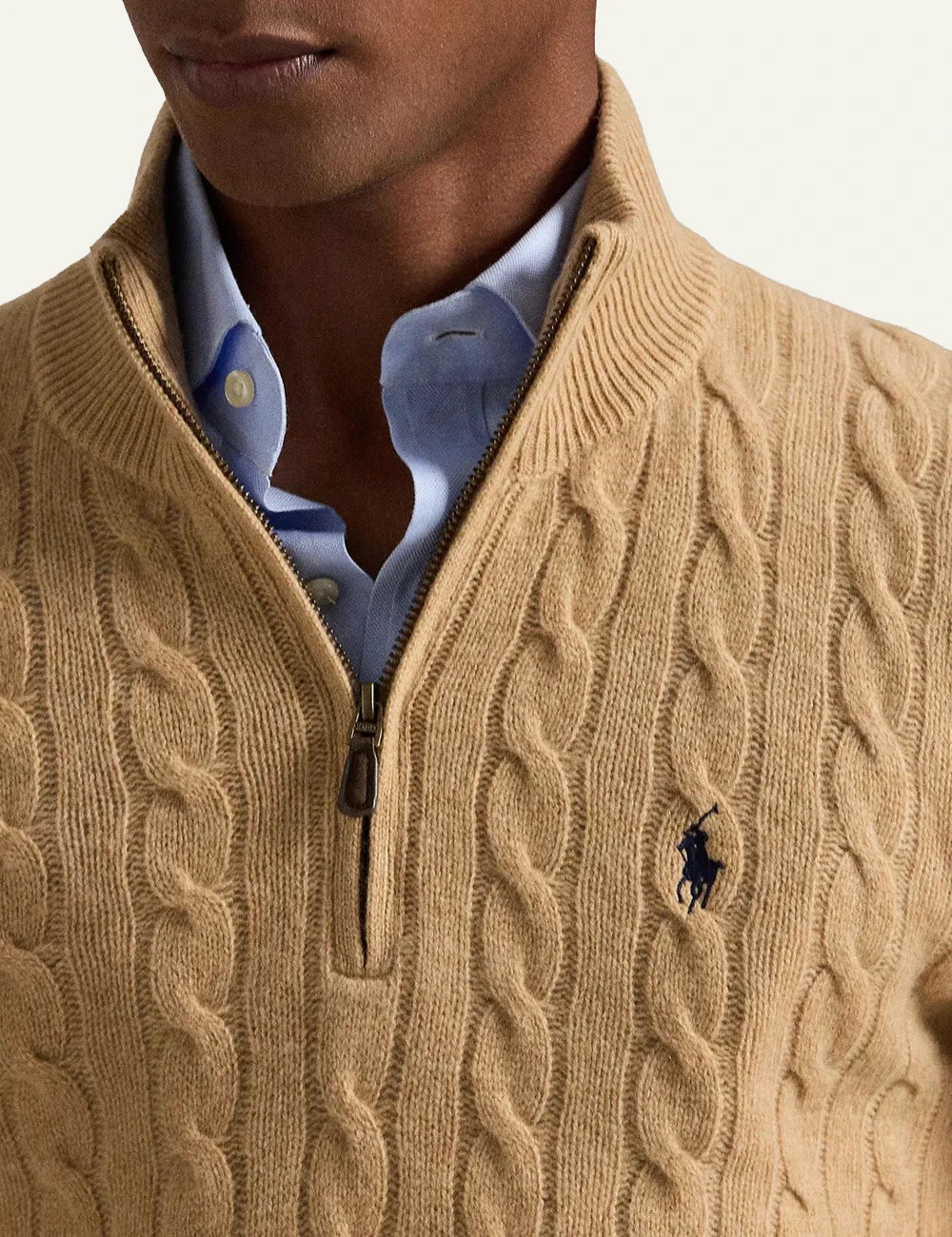 Men's Polo Ralph Lauren beige cable-knit wool and cashmere half-zip sweater with blue embroidered Pony logo detail
