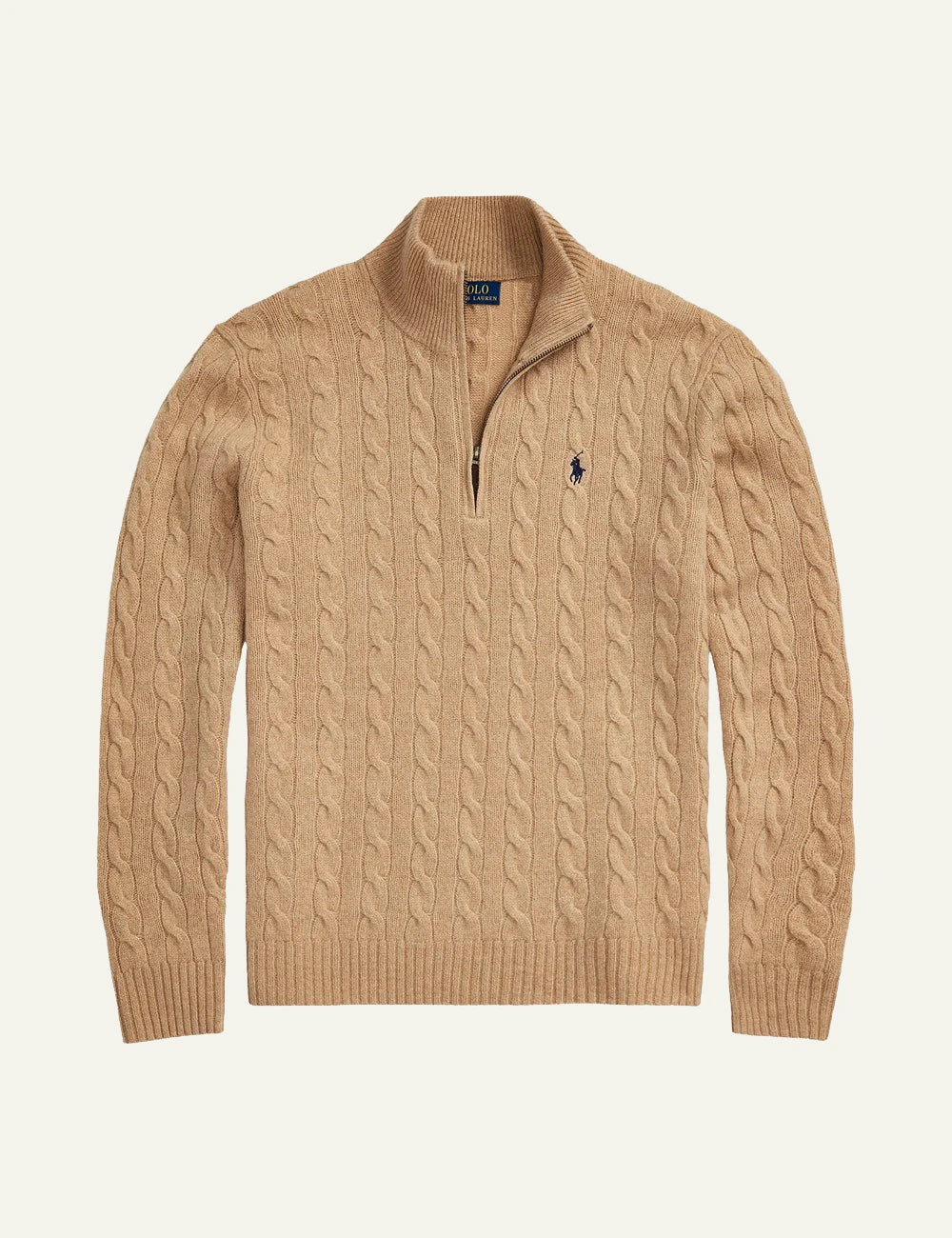 Men's Polo Ralph Lauren beige cable-knit wool and cashmere half-zip sweater with blue embroidered Pony logo
