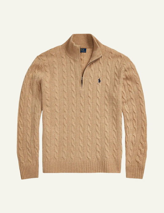 Men's Polo Ralph Lauren beige cable-knit wool and cashmere half-zip sweater with blue embroidered Pony logo