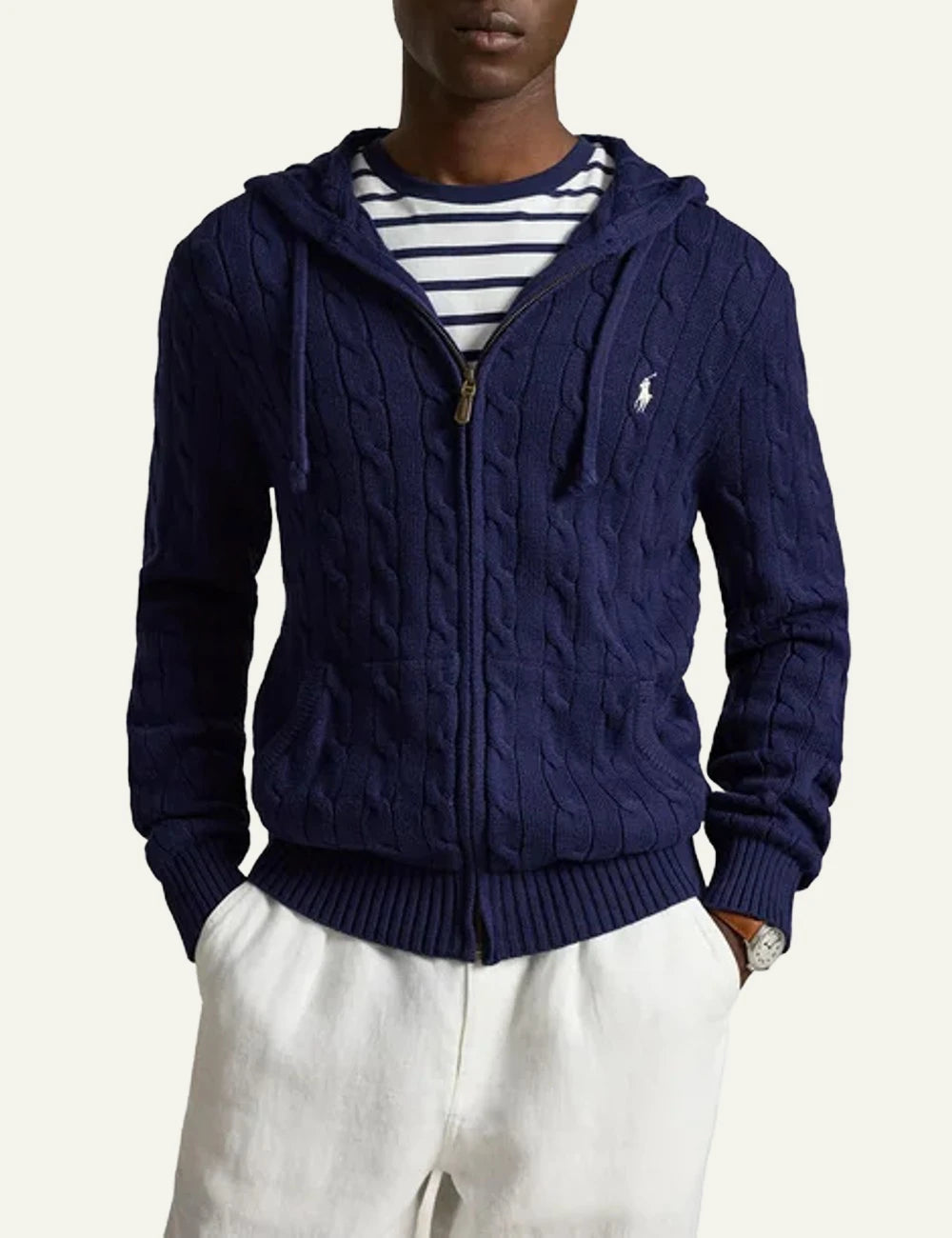 Polo Ralph Lauren navy cable knit hoodie zip cardigan front model view