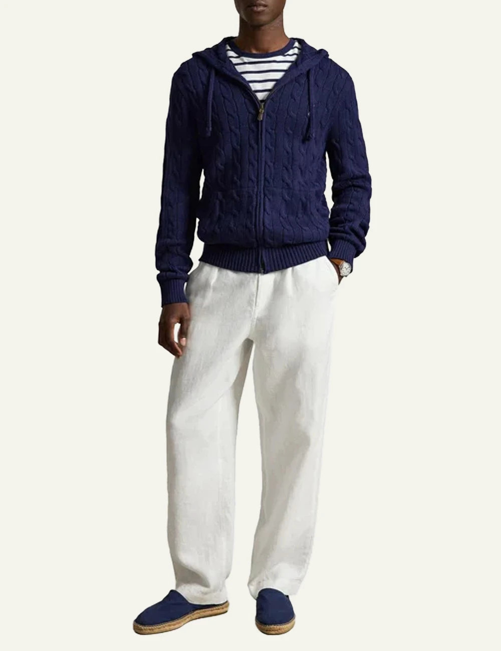 Polo Ralph Lauren navy cable knit hoodie zip cardigan front full body view