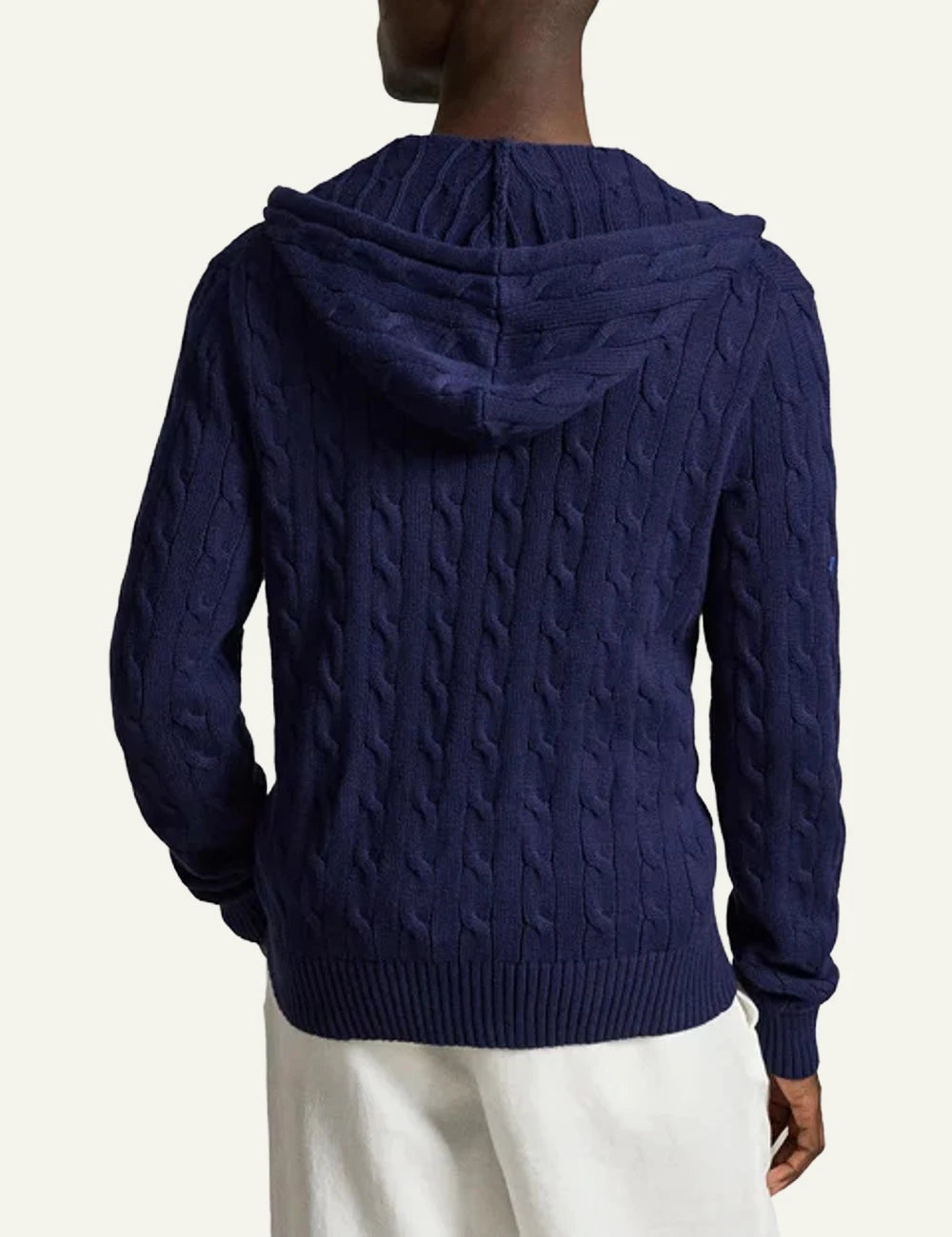 Polo Ralph Lauren navy cable knit hoodie zip cardigan back view