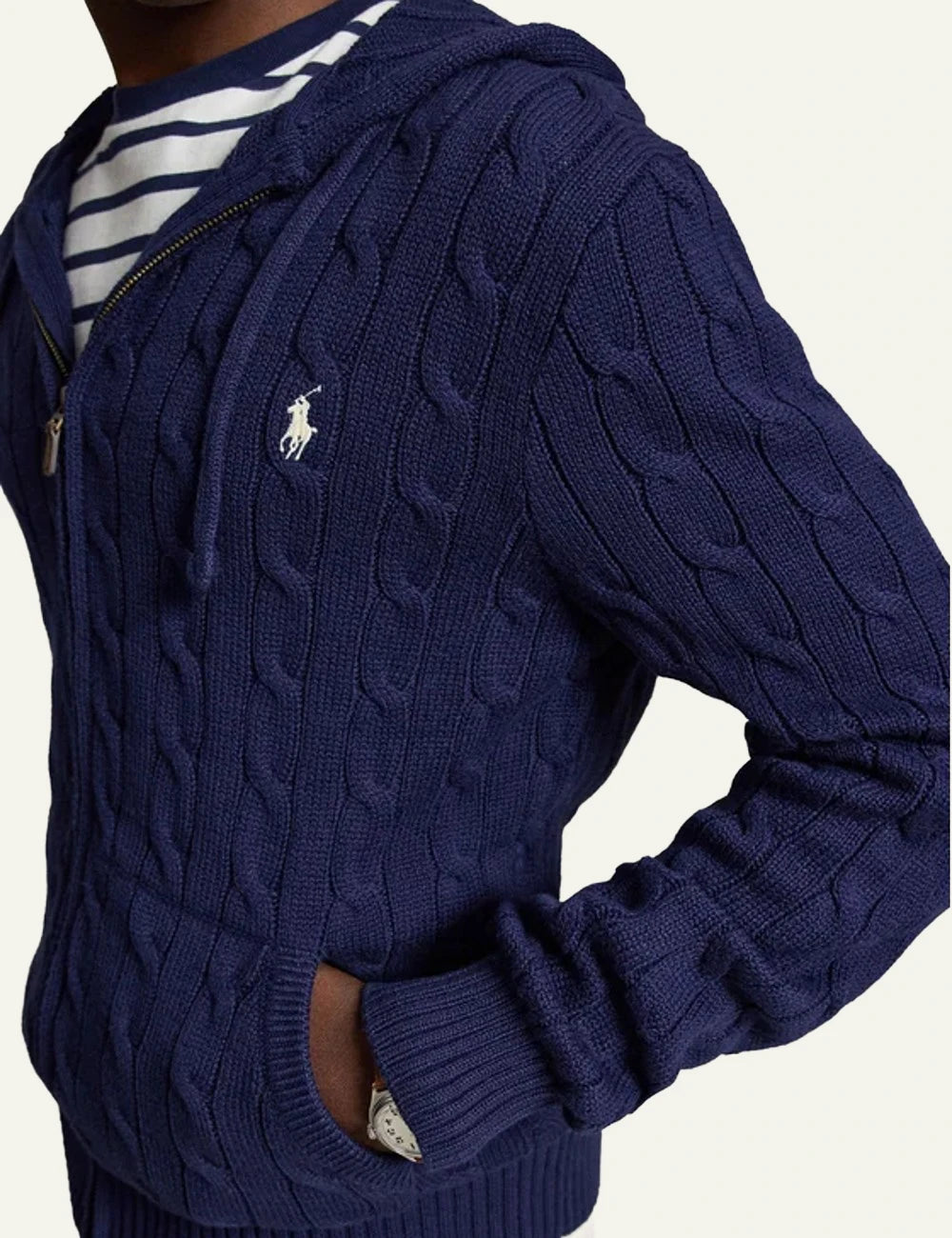 Polo Ralph Lauren navy cable knit hoodie zip cardigan side view