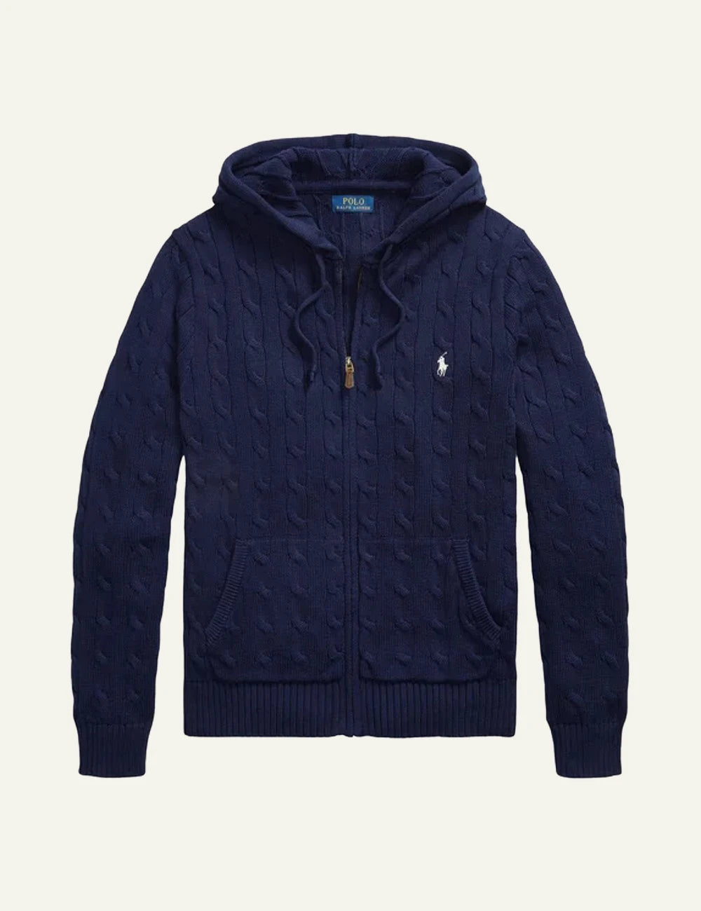 Polo Ralph Lauren navy cable knit hoodie zip cardigan front view