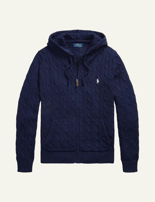 Polo Ralph Lauren navy cable knit hoodie zip cardigan front view