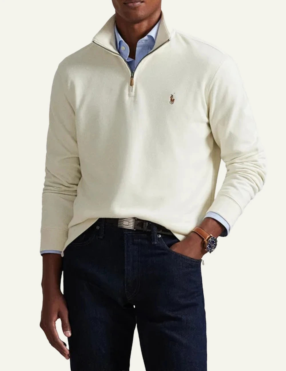 Polo Ralph Lauren ecru half zip cotton sweatshirt front model view