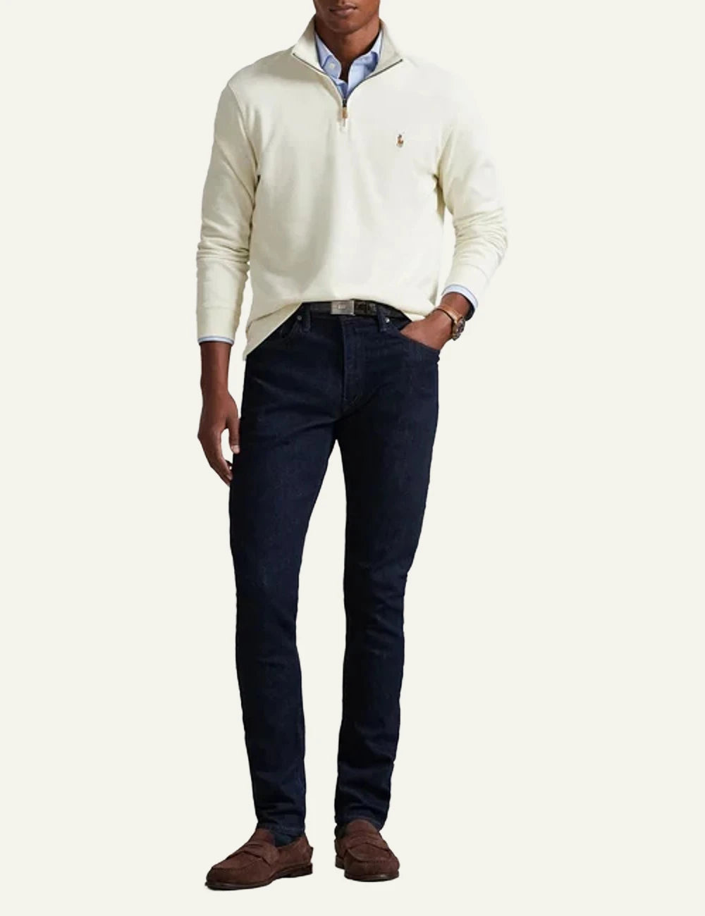 Polo Ralph Lauren ecru half zip cotton sweatshirt front full body view