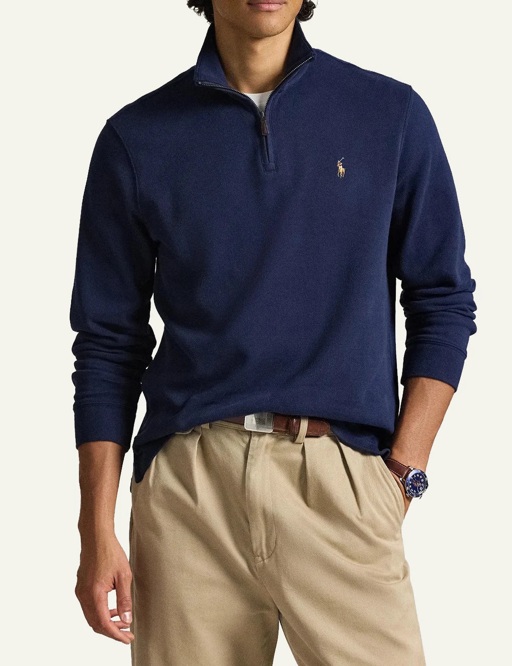 Men's Polo Ralph Lauren dark blue cotton half-zip sweater with embroidered Pony logo model