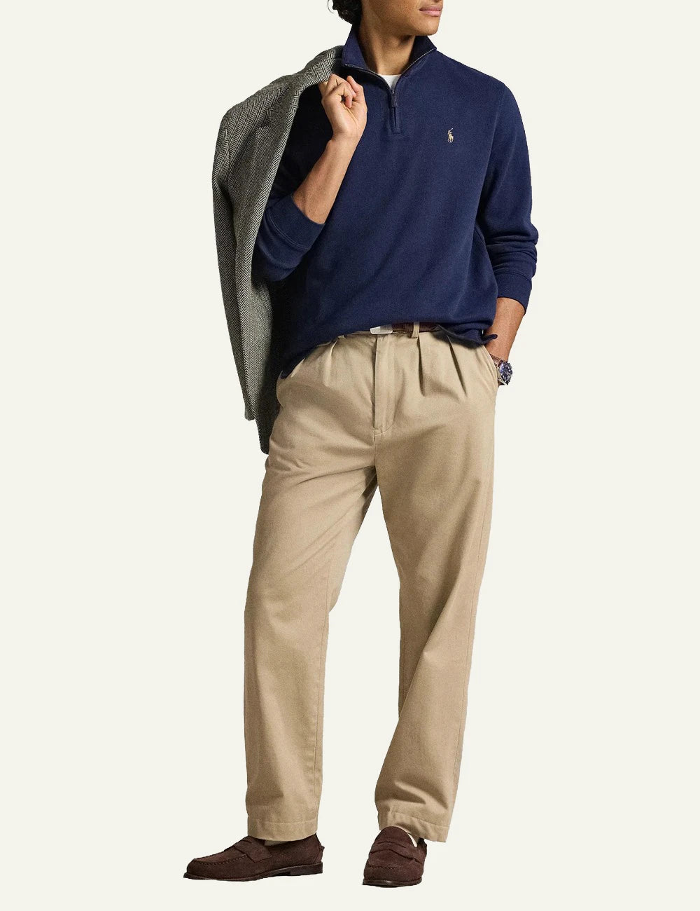 Men's Polo Ralph Lauren dark blue cotton half-zip sweater with embroidered Pony logo full body