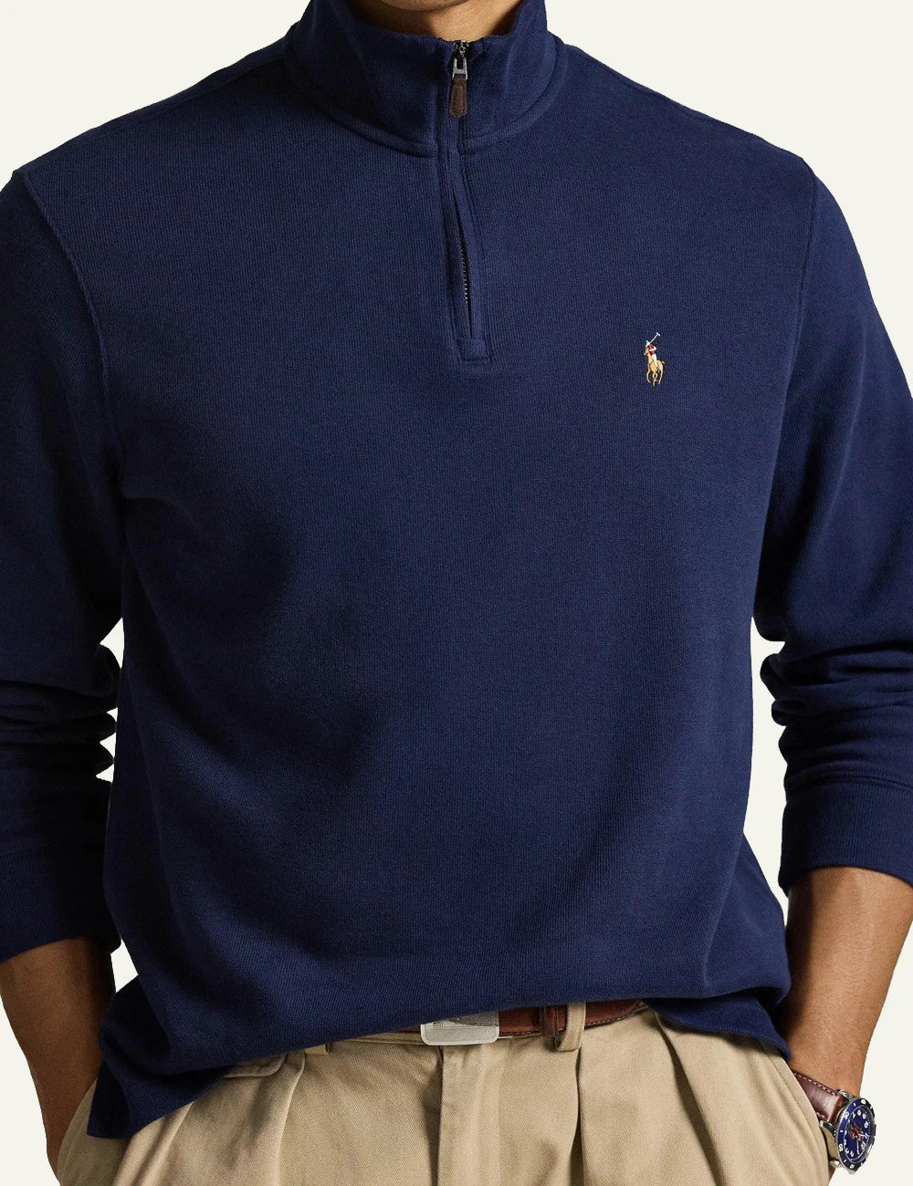 Men's Polo Ralph Lauren dark blue cotton half-zip sweater with embroidered Pony logo detail