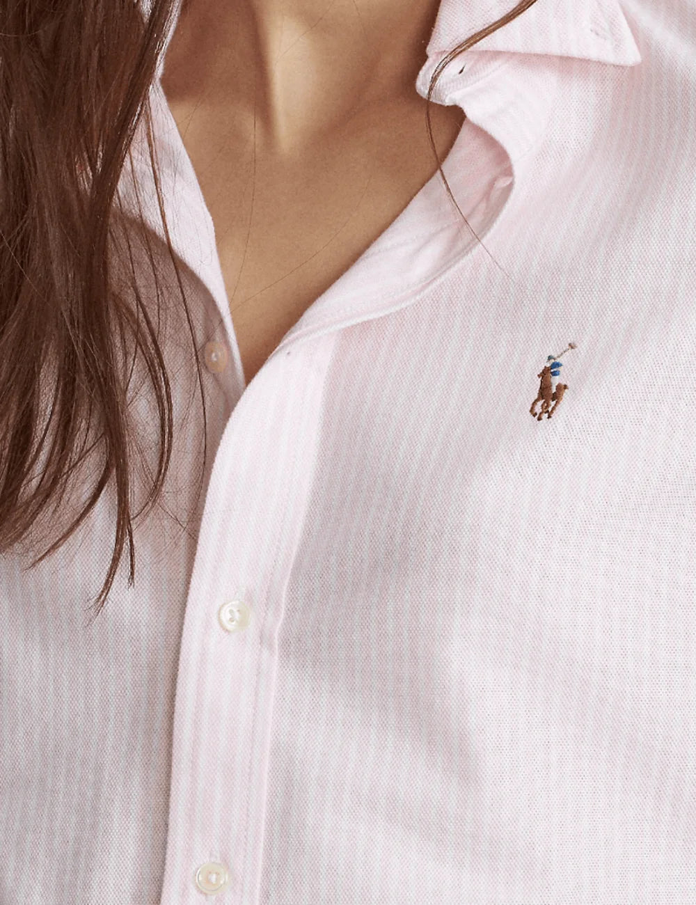 Polo Ralph Lauren women's pink and white striped Oxford shirt detail