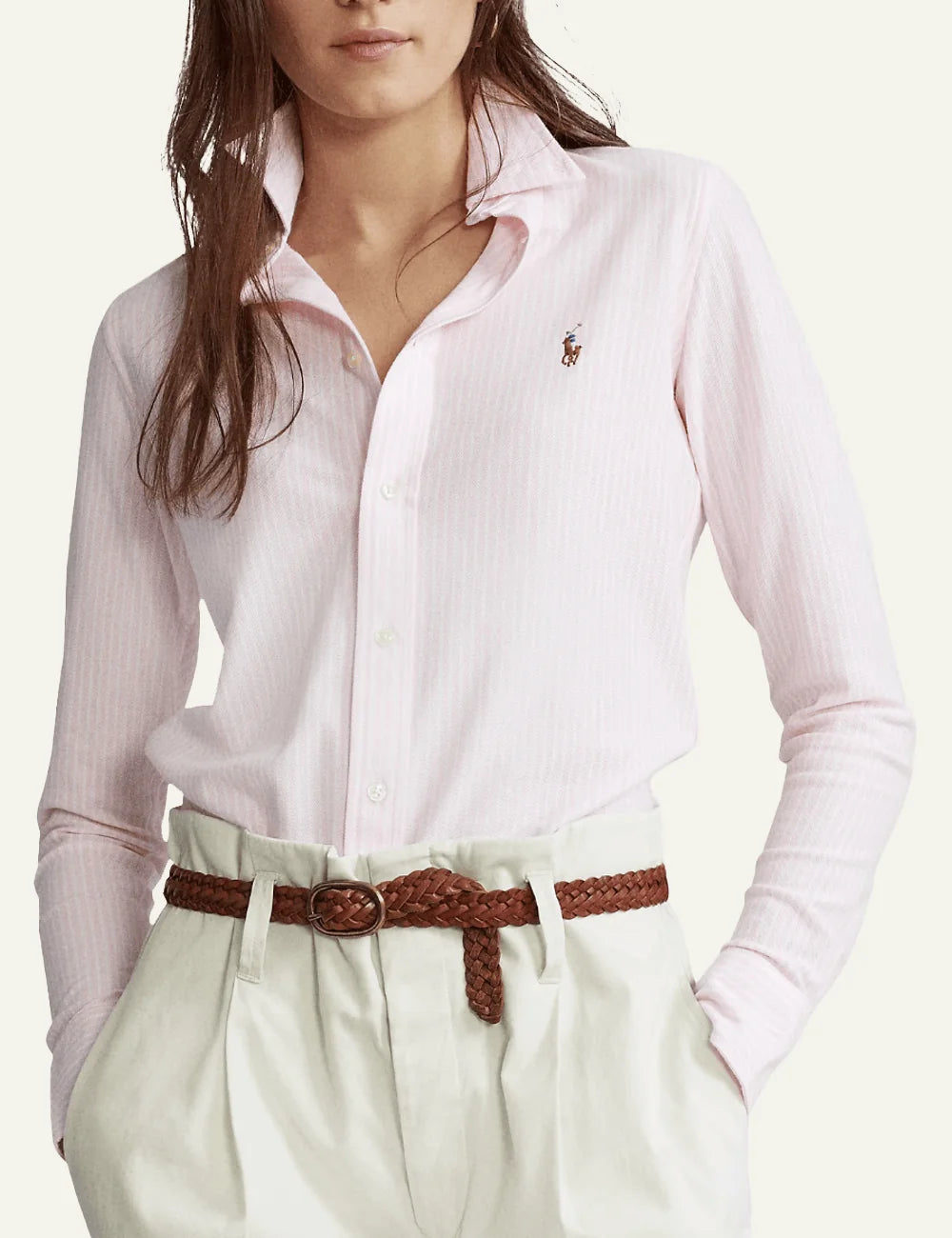 Polo Ralph Lauren women's pink and white striped Oxford shirt model