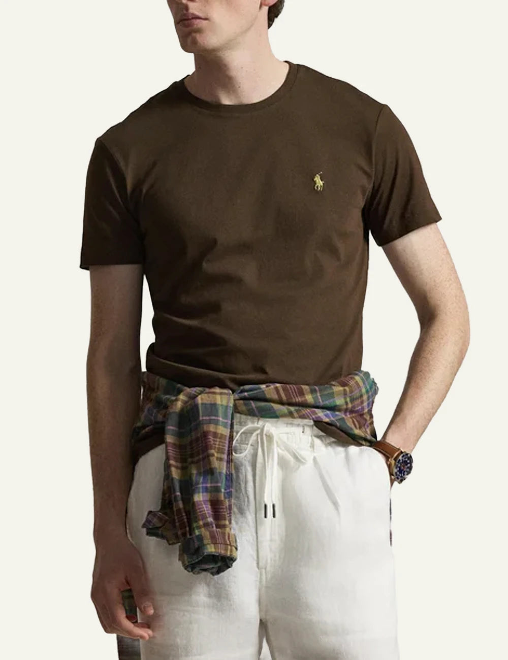 Polo Ralph Lauren brown custom slim fit t-shirt me gold pony front model view