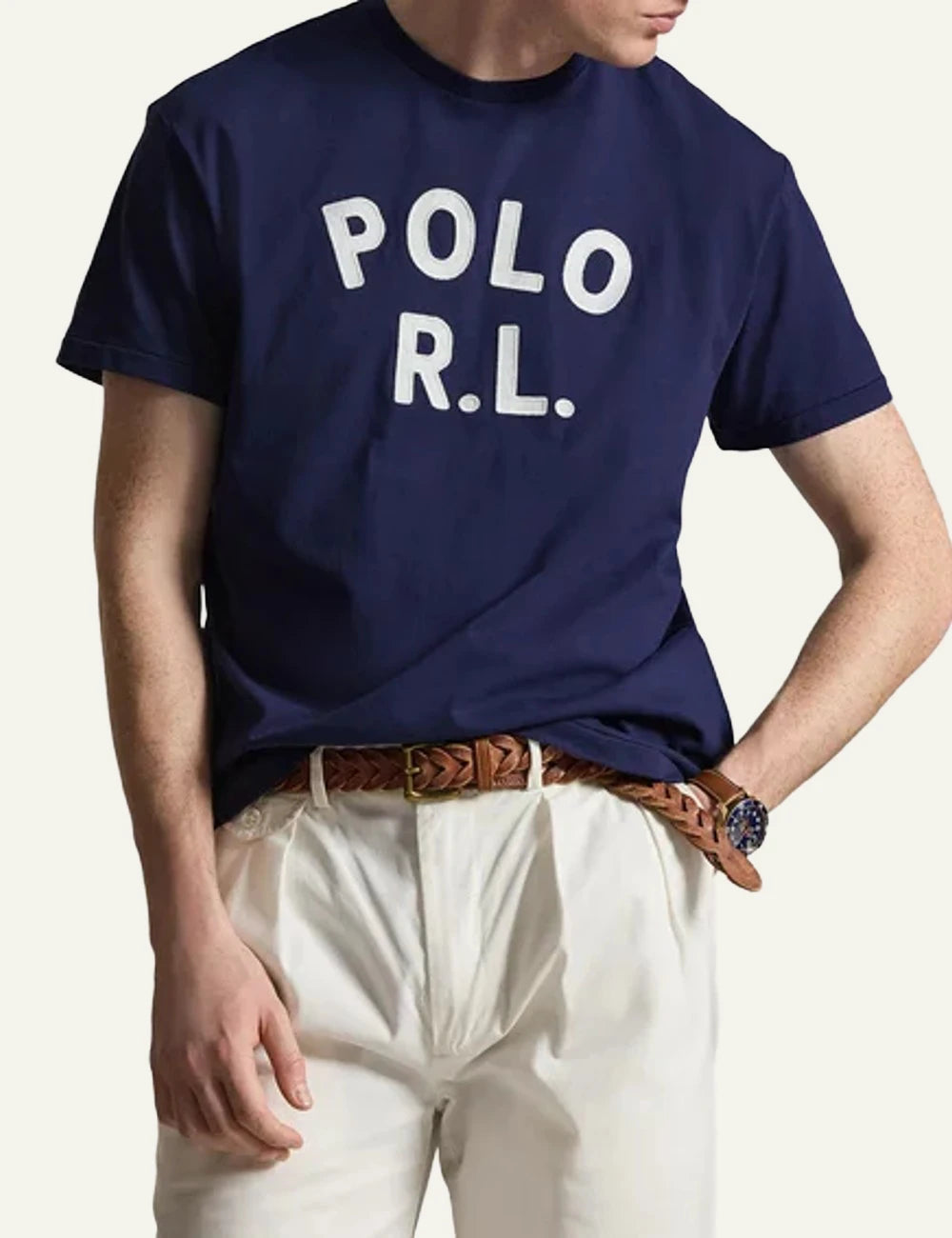 Polo Ralph Lauren navy t-shirt with POLO R.L. logo front model view