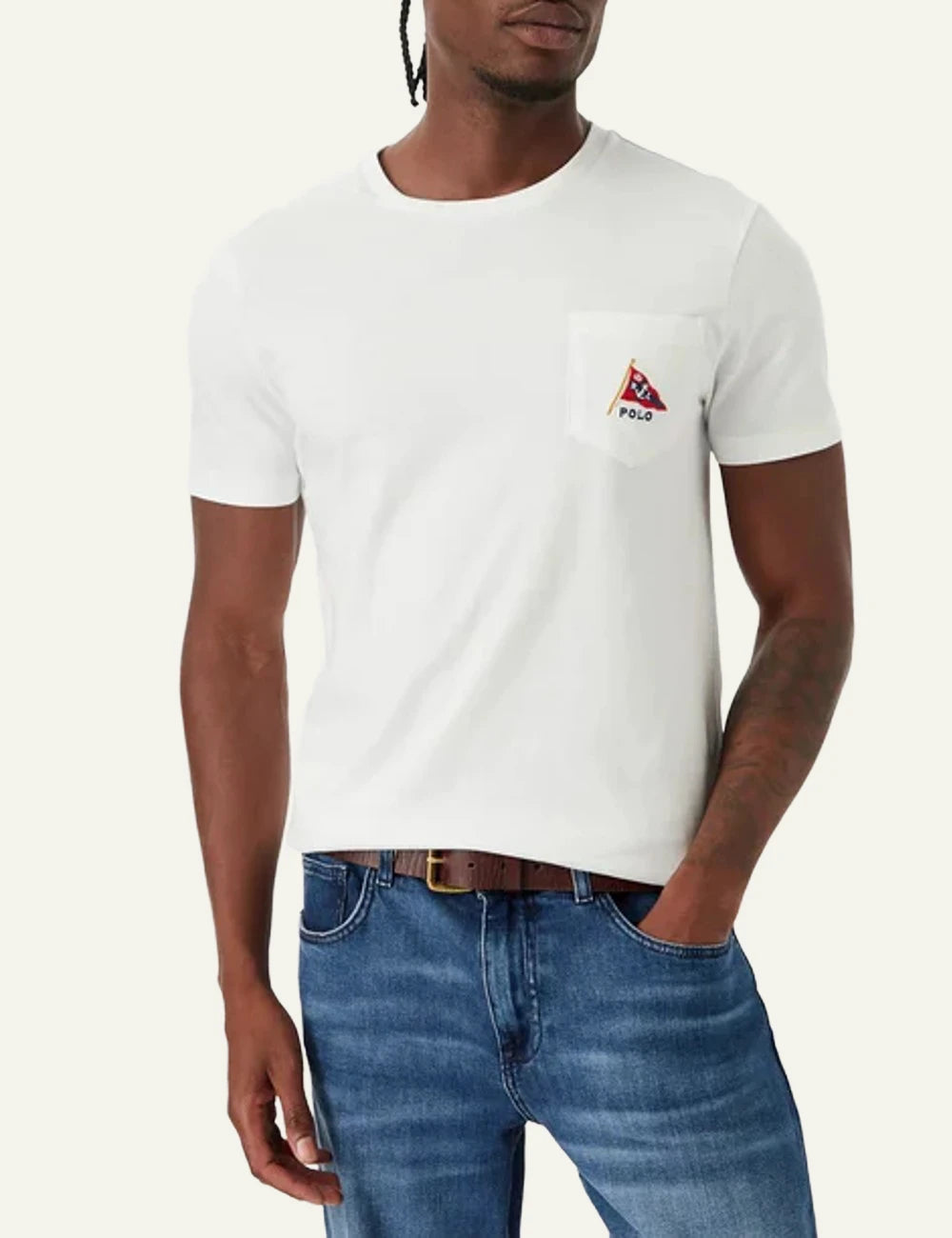 Polo Ralph Lauren white t-shirt with chest pocket sailing logo detail front view