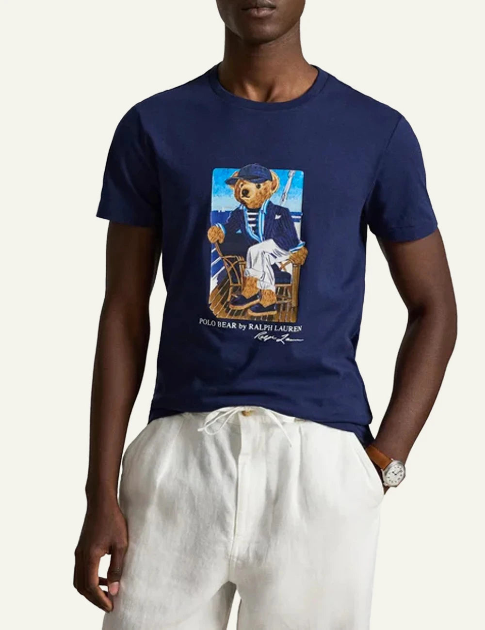 Polo Ralph Lauren navy t-shirt with Polo Bear graphic front model view