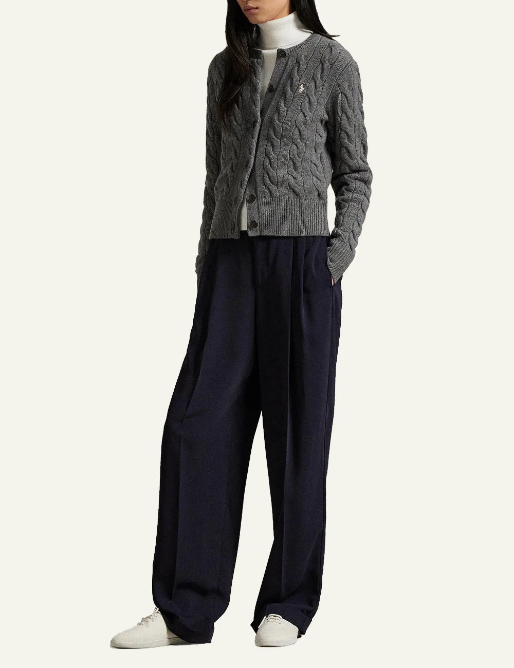 Women's Polo Ralph Lauren slim fit cable-knit cardigan in grey with embroidered Pony logo and button fastening full body