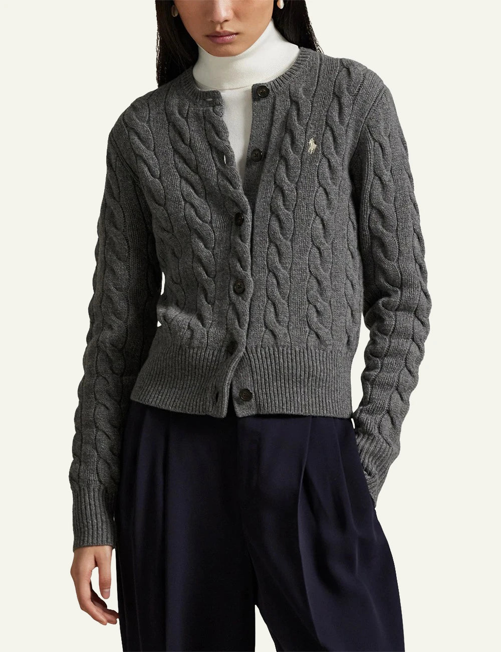 Women's Polo Ralph Lauren slim fit cable-knit cardigan in grey with embroidered Pony logo and button fastening model